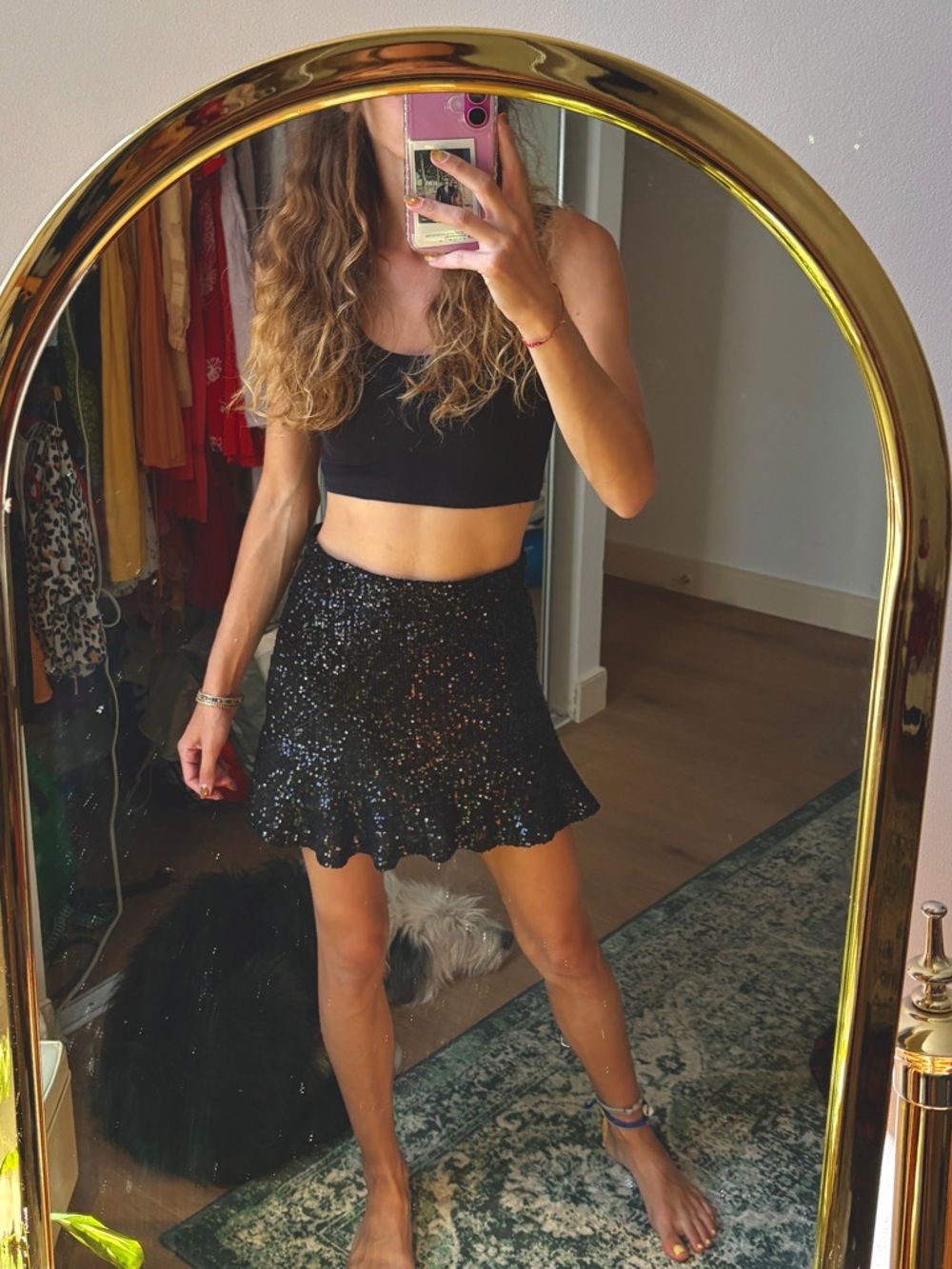 Steve Madden Black Glitter Ruffle Hem Mini Skirt
